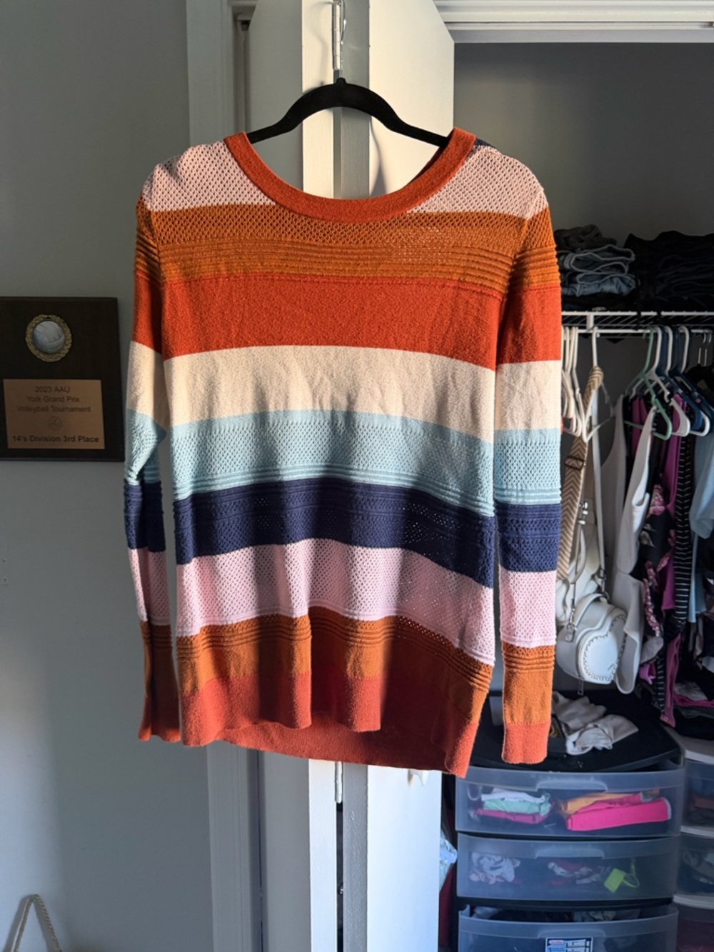 Striped Knit Sweater in Rust, White, Blue & Pink